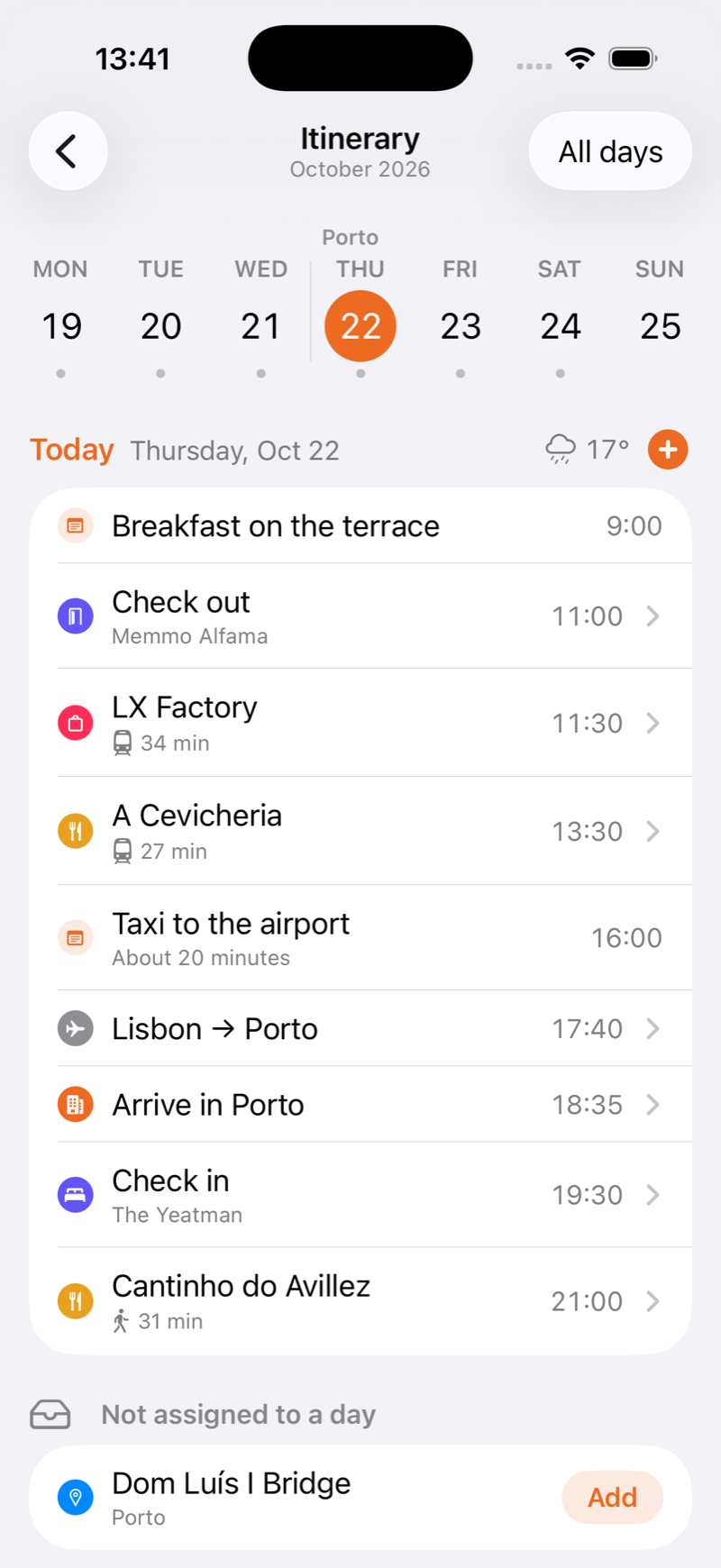 Today's plan in time order, with the weather and the time between stops