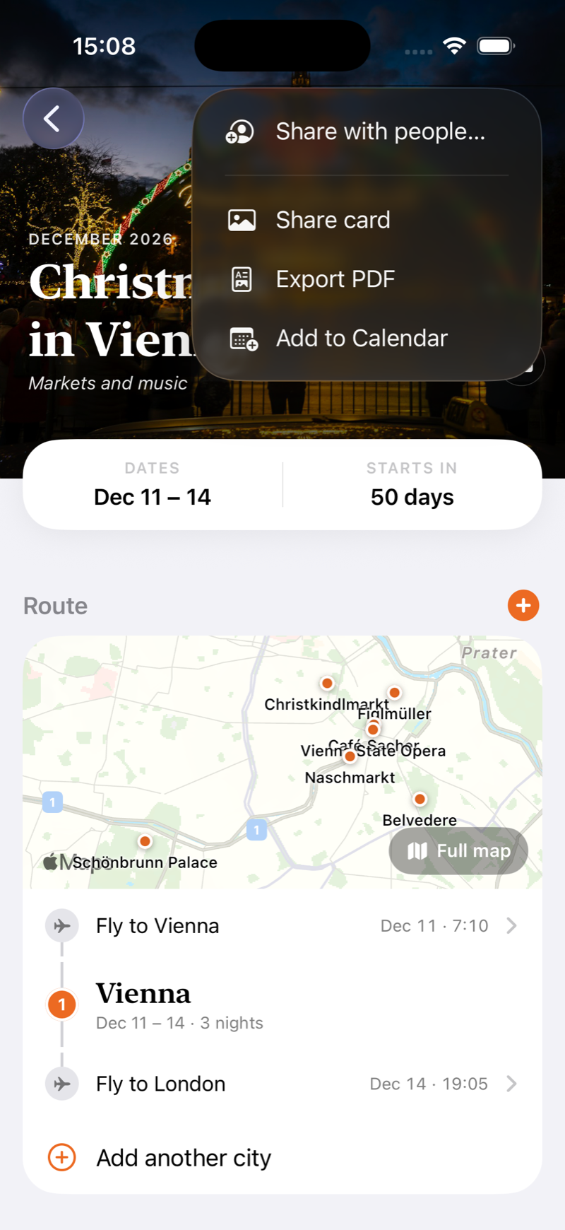 A trip's Share menu: share with people, a share card, a PDF or the calendar
