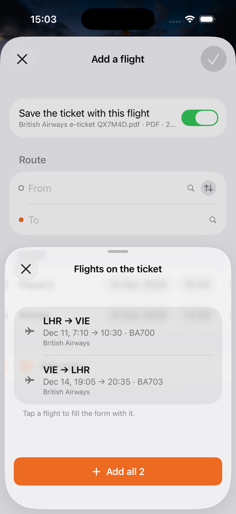 Two British Airways flights, London to Vienna and back, read from an e-ticket