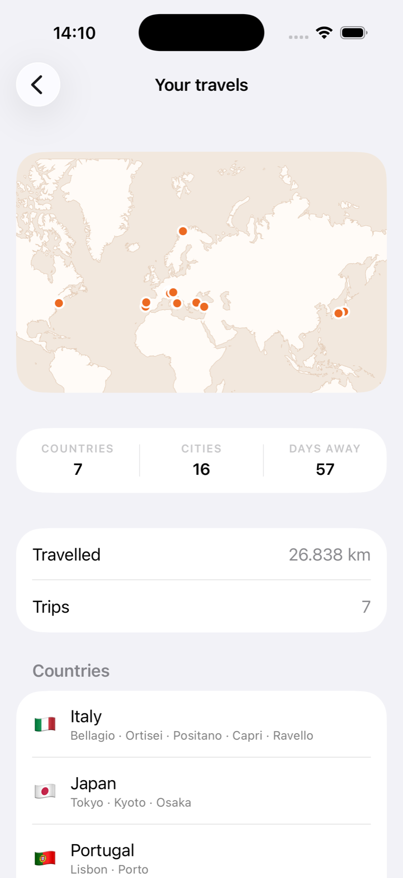 Your travels: every city on a map of the world, with countries and days away