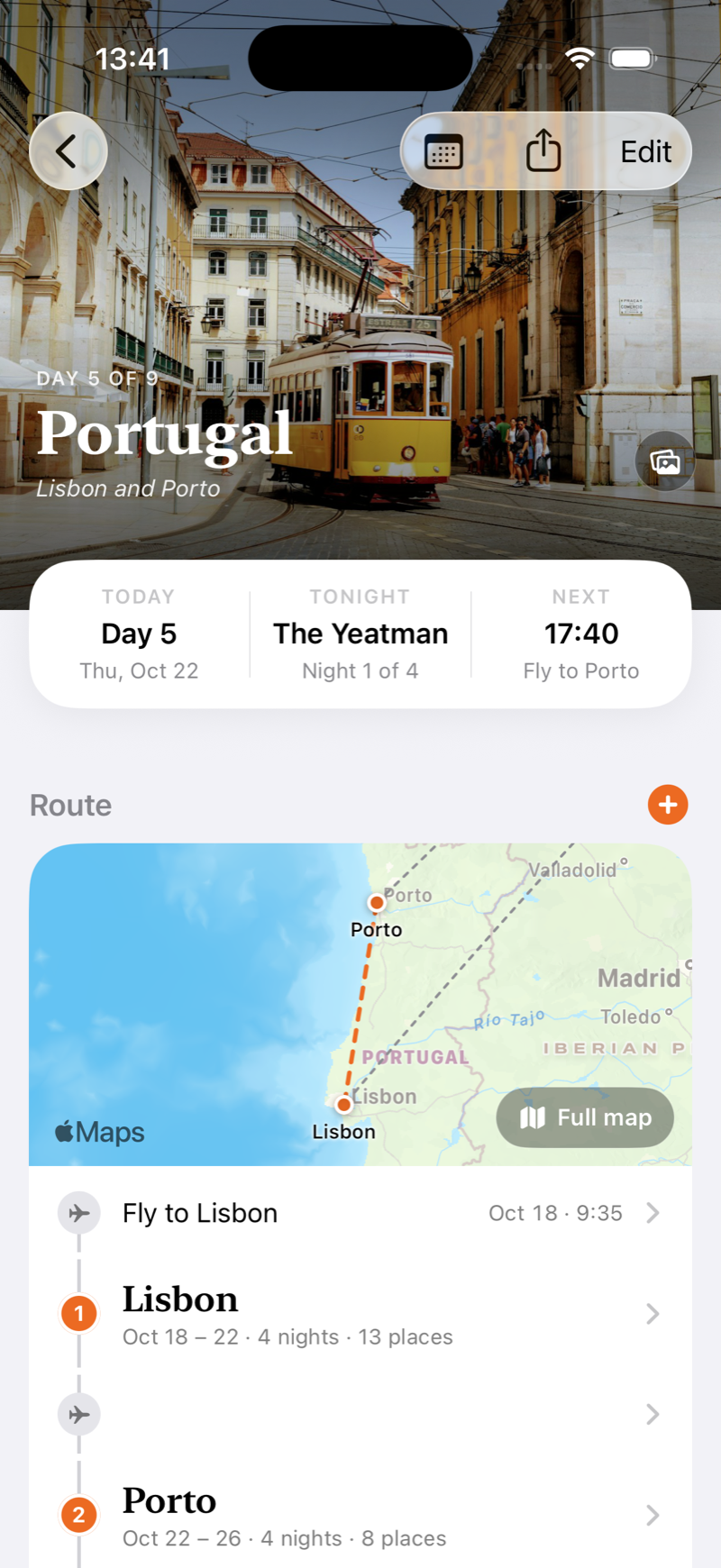 Portugal's trip page: today, tonight's hotel, the next flight and the route